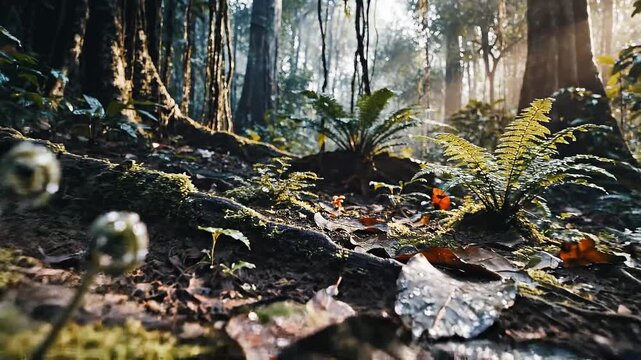 Sunlit forest floor with fern fronds, mushrooms, and beetles