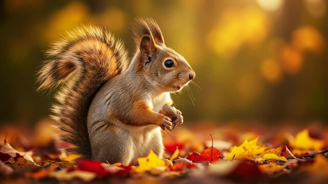 Adorable squirrel eating nut on colorful autumn leaves, soft bokeh background