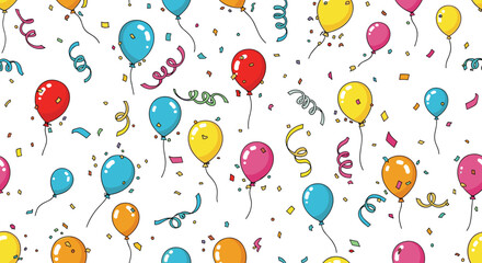 Festive seamless pattern with colorful balloons and confetti floating on a white background for birthday parties and celebrations.