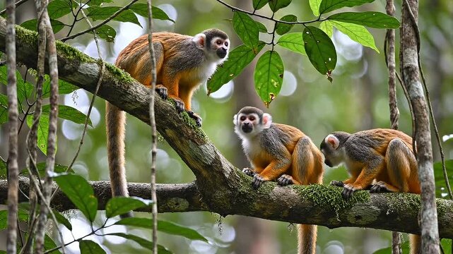 Three small monkeys perched on a mossy tree branch in forest