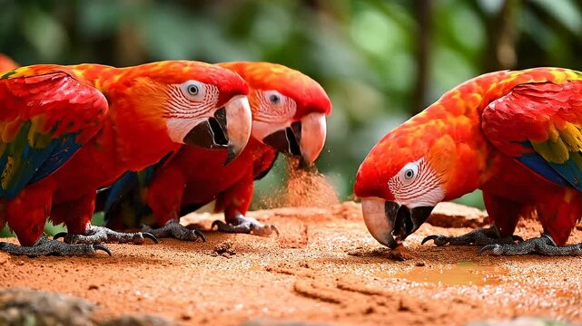 Three vibrant scarlet macaws gathered together on earthy ground