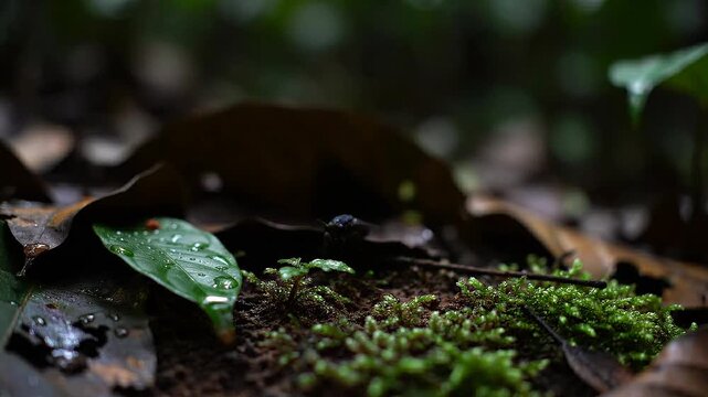 Tiny bright green creature on lush mossy forest floor