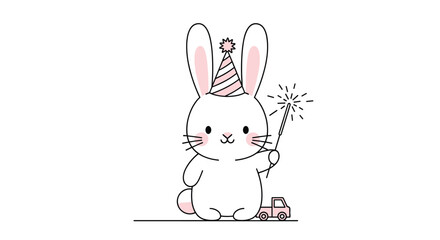 Fototapeta premium Cute white bunny wearing a striped party hat and holding a sparkling firework next to a small toy truck in a celebration scene.