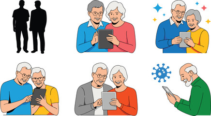 Naklejka premium Senior couple using tablet together, elderly people learning technology, digital communication, online connection, modern lifestyle illustration vector, flat, colorful, design