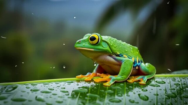 Bright green frog with yellow eyes sits on a wet leaf during rain in a jungle.