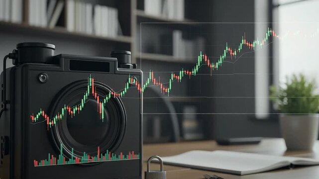 Camera with Stock Market Graph Overlay and Lock - Financial Analysis Concept