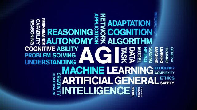 AGI Artificial General Intelligence animated word cloud-gross domestic product animation tag kinetic typography seamless loop.