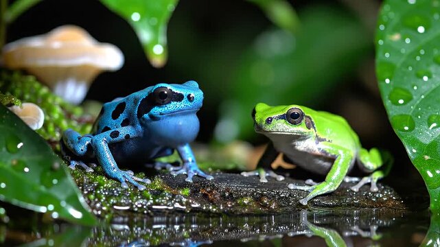 Two vibrant poison dart frogs rest on mossy ground near water and fungi