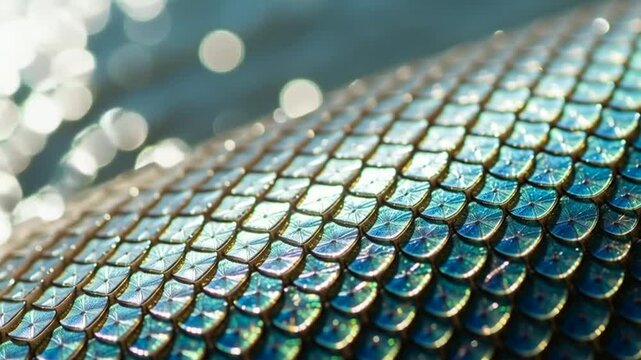 Close-up Macro Shot of Iridescent Fish Scales, Aquatic Texture, Shimmering Blue and Green