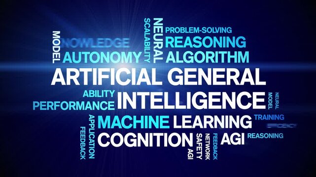 AGI Artificial General Intelligence animated word cloud-gross domestic product animation tag kinetic typography seamless loop.