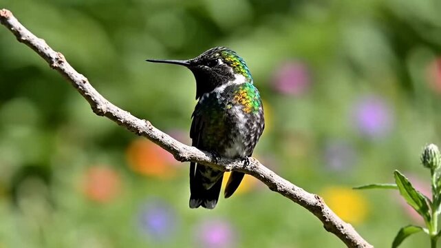 Iridescent Hummingbird Perched on Branch in Sunny Garden