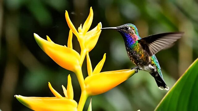 Hummingbird Feeding on Bright Yellow Tropical Flower Heliconia