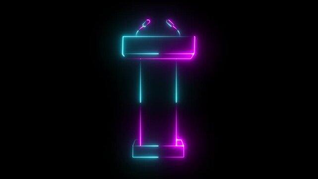 Glowing neon Podium Tribune Rostrum Stand with Microphones icon isolated on black background. Stage stand or debate podium rostrum icon animation. Conference speech. black background 4k video