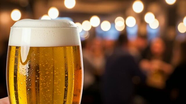 Close-up of golden beer with foam in a glass, blurred pub background with bokeh lights