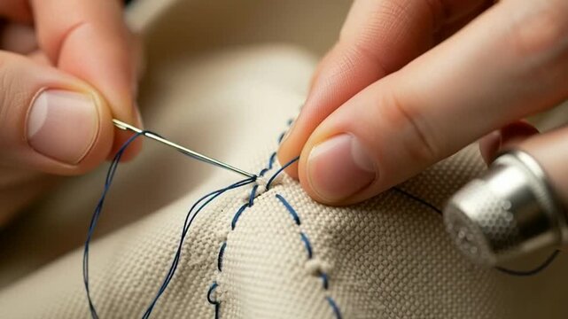 Close-up of hands sewing fabric with needle and blue thread, thimble on thumb