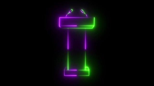 Glowing neon Podium Tribune Rostrum Stand with Microphones icon isolated on black background. Stage stand or debate podium rostrum icon animation. Conference speech. black background 4k video