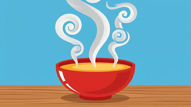 Hot steaming soup in red bowl on wooden table