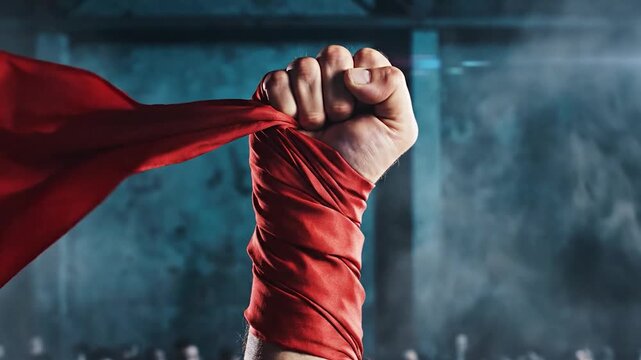 Clenched fist wrapped in red fabric symbolizing strength power and unity with a dramatic background