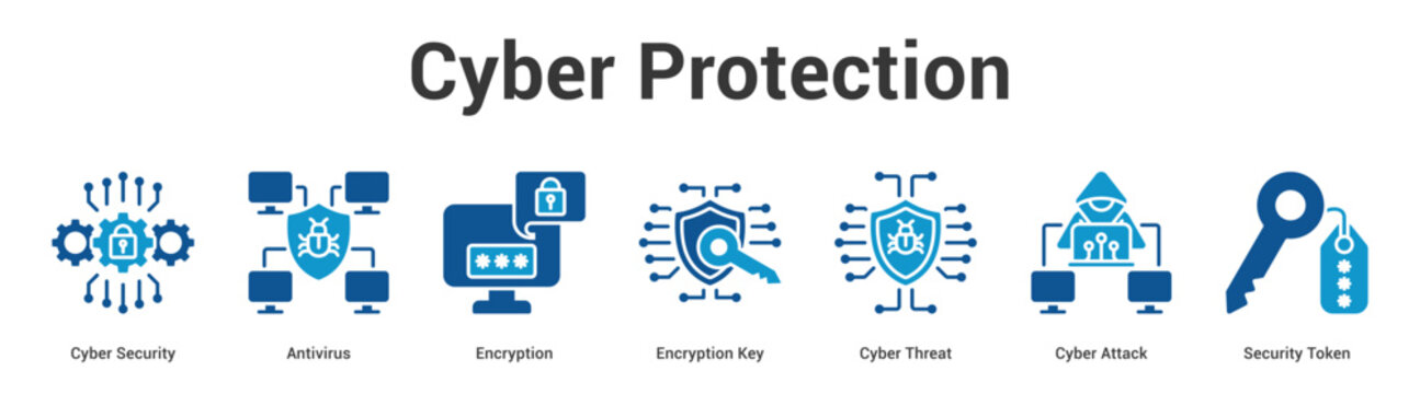 Cyber Protection web banner icon set vector illustration concept for business with icon of Cyber Security, Antivirus, Encryption, Encryption Key, Cyber Threat, Cyber Atta.