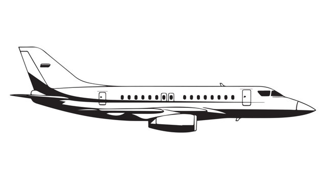 Private jet aircraft with white body and dark blue tail, parked on tarmac beside runway and hangar.