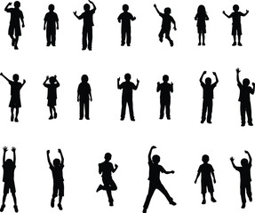 Children silhouette set showing playful standing jumping poses, kids action collection isolated on white background for creative design use