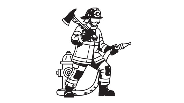 Illustration of a brave firefighter in full gear, holding an axe and a hose, ready for action.
