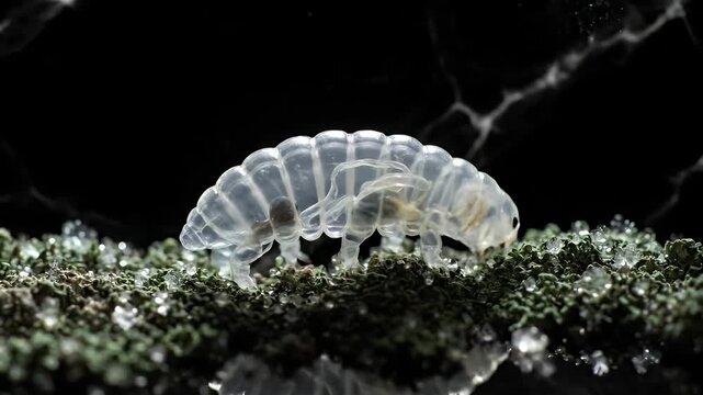 Rare Transparent Isopod Crawling on Wet Moss Macro Shot