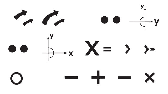 Collection of geometric axis diagrams, arrows, and symbolic icons for vector geometry.