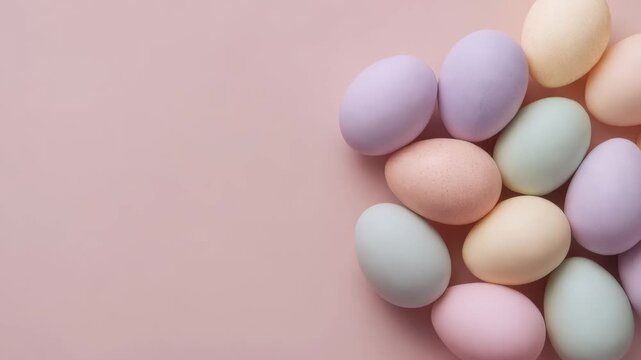 Pastel Easter eggs in blush, mint, lavender and cream tones arranged on smooth pink background, clean minimalist flatlay with negative space for editorial holiday greeting cards and spring celebration
