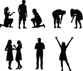 Obraz premium Human body language silhouettes set, people standing kneeling bending gestures, emotional communication poses, isolated black figures, social interaction concept illustration
