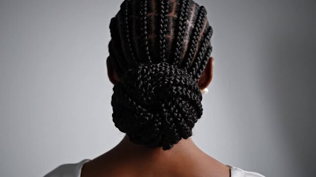 Elegant braided hairstyle on a woman with dark skin tone against a neutral background