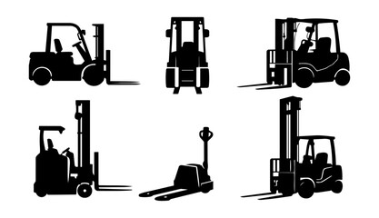 Forklift Silhouettes Set of 6 - Black Vector Style Warehouse Equipment Icons © Mediasegment