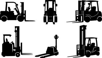 Forklift Silhouettes Set of 6 - Black Vector Style Warehouse Equipment Icons © Mediasegment