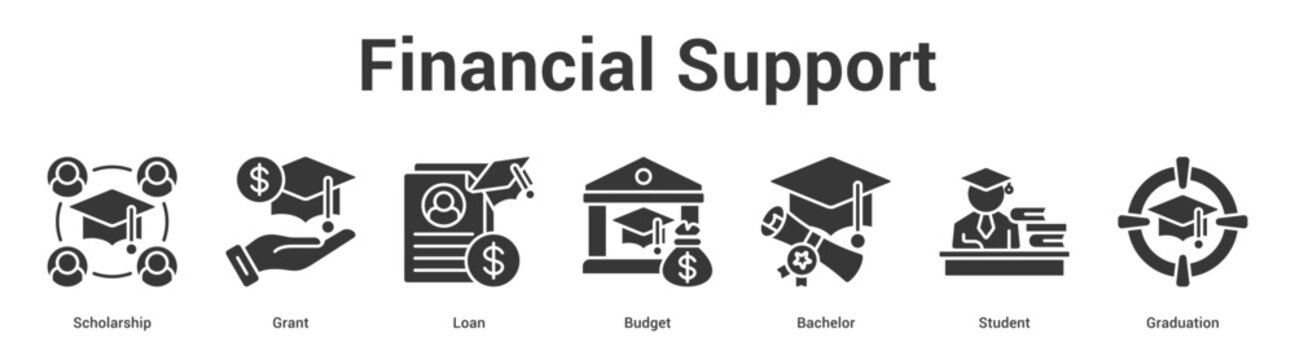 Financial Support web banner icon set vector illustration concept for business with icon of Scholarship, Grant, Loan, Budget, Bachel.