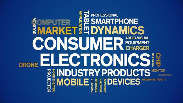 Consumer Electronics animated word cloud-gross domestic product animation tag kinetic typography seamless loop.
