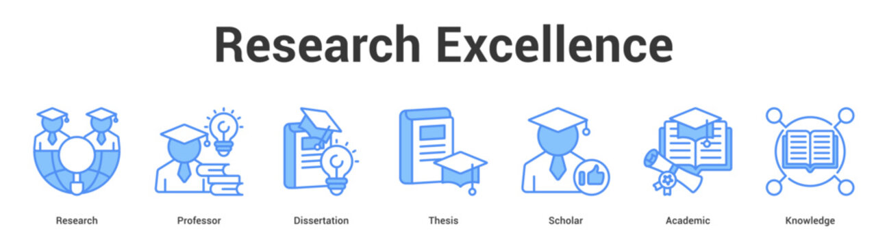 Research Excellence web banner icon set vector illustration concept for business with icon of Research, Professor, Dissertation, Thesis, Schol.