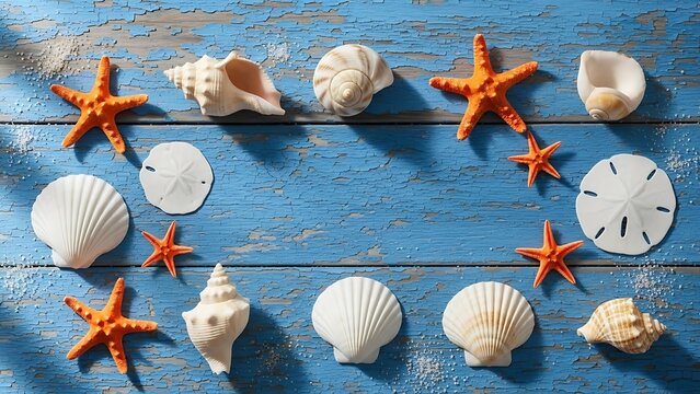 Seashells and Starfish on Blue Wooden Background.