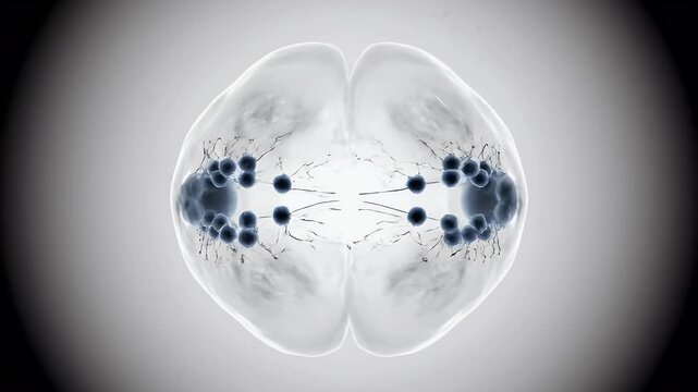 Animated sperm cartoon interacting with a microscopic cell for science visualization