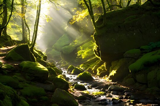 Enchanted forest stream with sunlight rays mossy rocks lush greenery and ancient trees