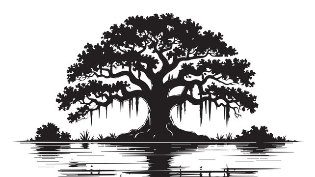 Majestic black and white silhouette of an ancient live oak tree with Spanish moss reflected in still water, vector art