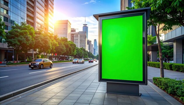 Blank green screen outdoor billboard display on a bustling city street at sunset, ideal for digital advertisement mockups and marketing campaigns