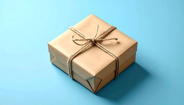 A square brown package neatly wrapped with twine sits on a light blue surface, casting a subtle shadow. The wrapping paper has a natural look