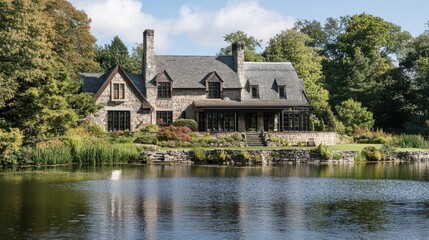 Fototapeta premium Stone House by the Lake: Serene Estate