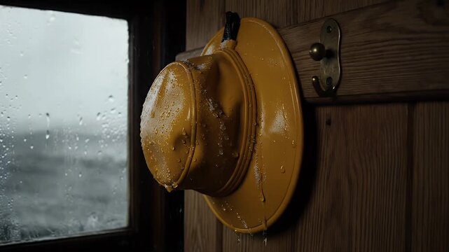 Wet Souwester Rain Hat Hanging on Hook After Stormy Day