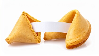 A single golden-brown fortune cookie with a blank white fortune paper partially pulled out. The blank paper adds a sense of mystery,  open-ended possibility. Ideal for themes of cultural symbolism.