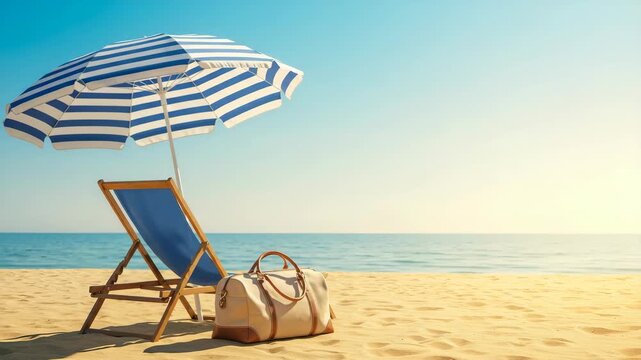 Beach Chair and Parasol on Sandy Beach with Blue Sea and Sky and Beige Bag Under Sun umbrella in Summertime