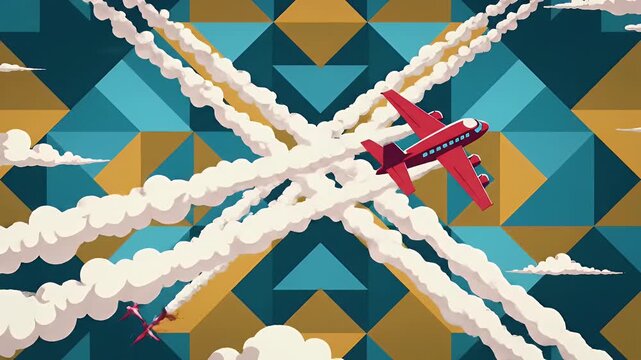 Red airplane flying over geometric pattern background with clouds