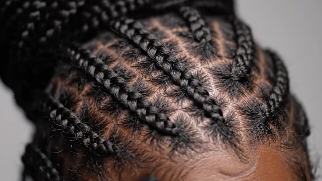 Close up view of intricate black braided hair showing detailed protective hairstyle with visible scalp and natural texture