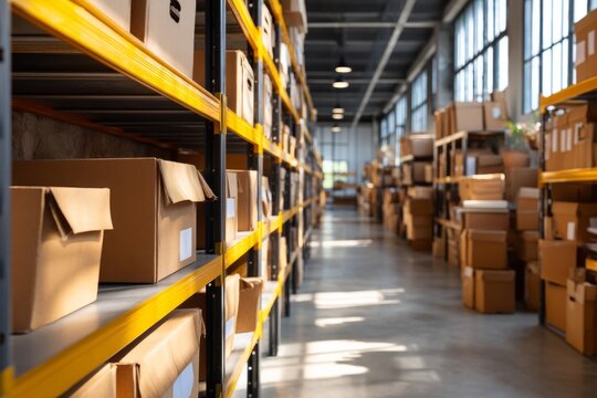 Bright Warehouse Interior with Shelves Full of Cardboard Boxes and Documents