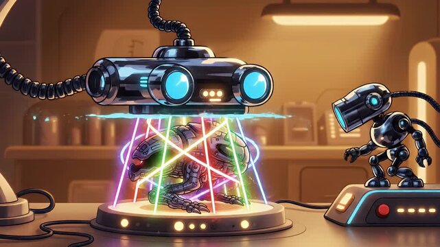 Sci-fi creature materialized by advanced scanner in futuristic laboratory